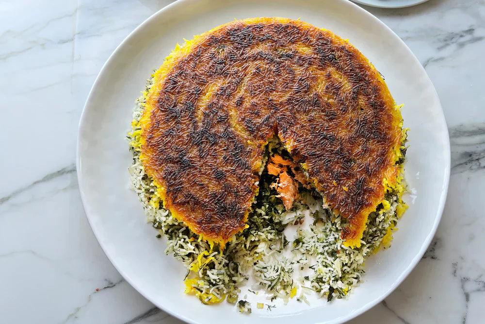 Herby tahdig with trout and preserved lemon yoghurt - LemonSalt