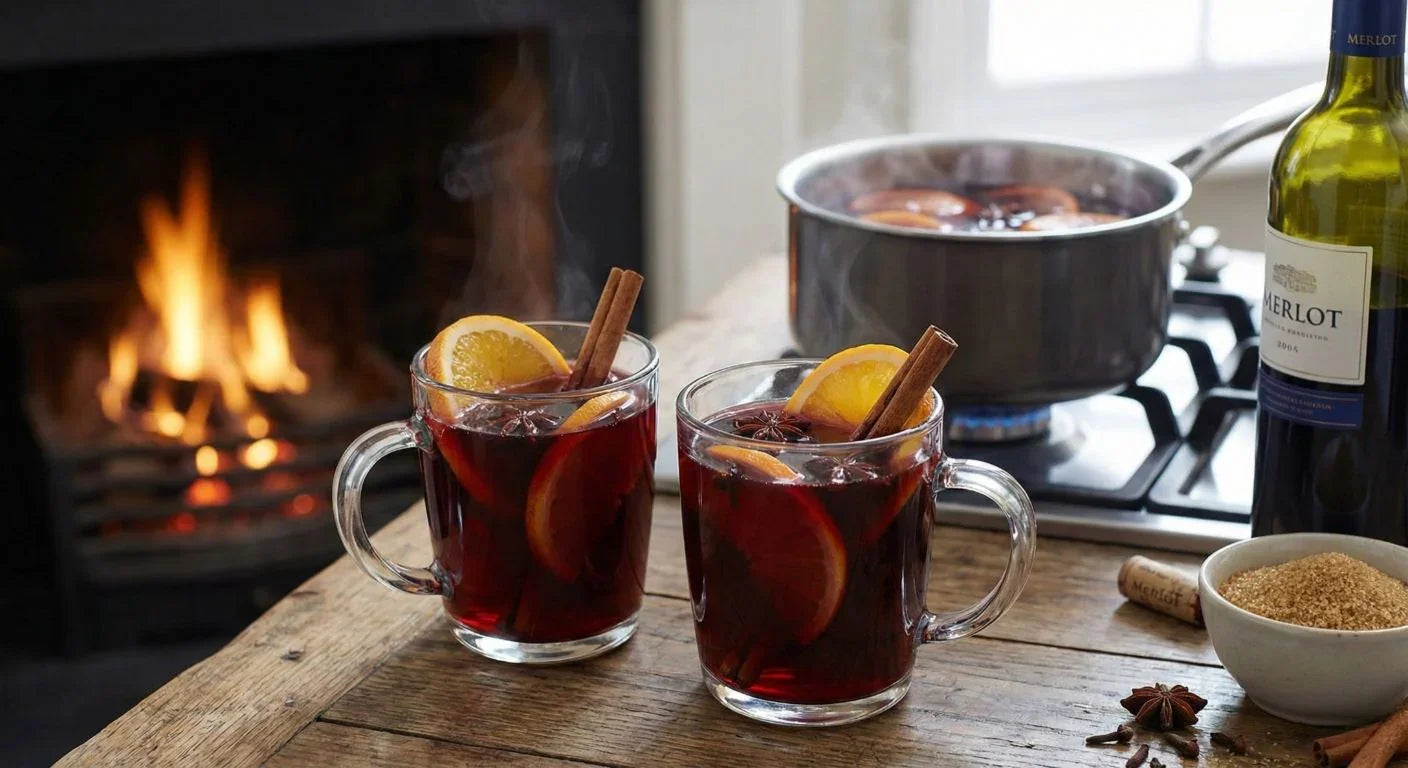 Warm mulled wine with orange slices and cinnamon sticks, served in glass mugs by a fireplace.