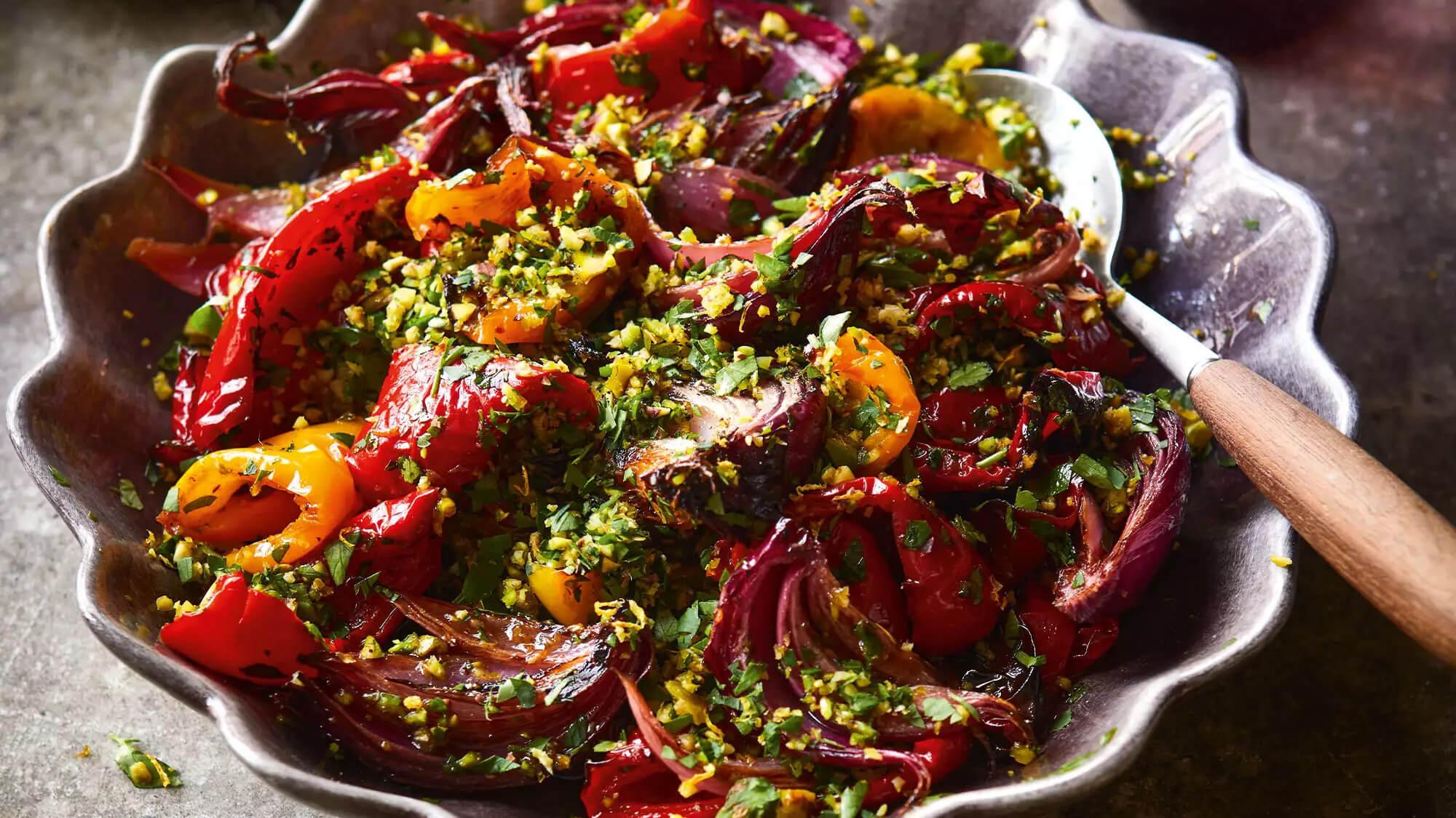 Roast Peppers & Onions with Balsamic Vinegar and Pistachio Gremolata: A Stunning Vegetarian Side - LemonSalt