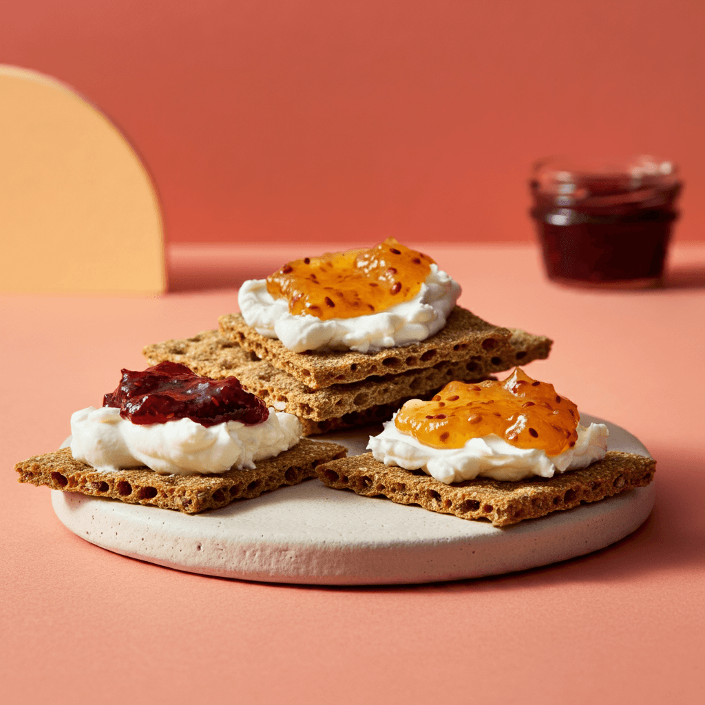 Crispbread crackers topped with cream cheese and assorted jam on a round plate, styled on a peach background.