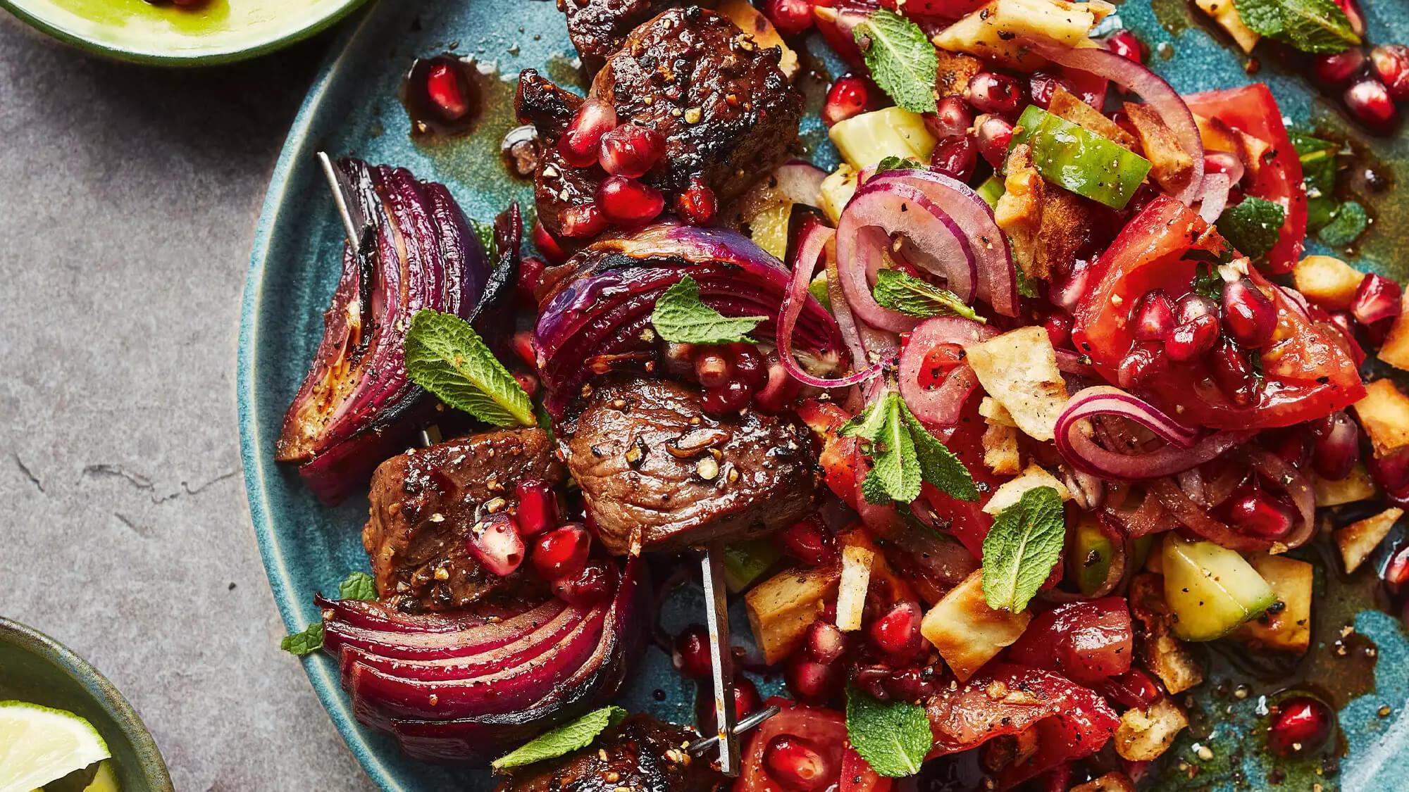 Sticky Pomegranate Lamb Kebabs with Pitta Salad Recipe - LemonSalt