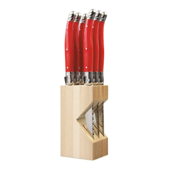Laguiole French Style Set of 6 Fine Dining Steak Knife In Block - Red | {{ collection.title }}