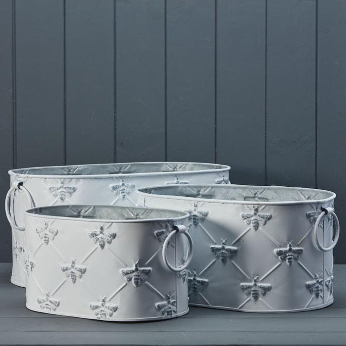 The Satchville Gift Co. - Set of Three White Oval Zinc Bee Planters | {{ collection.title }}