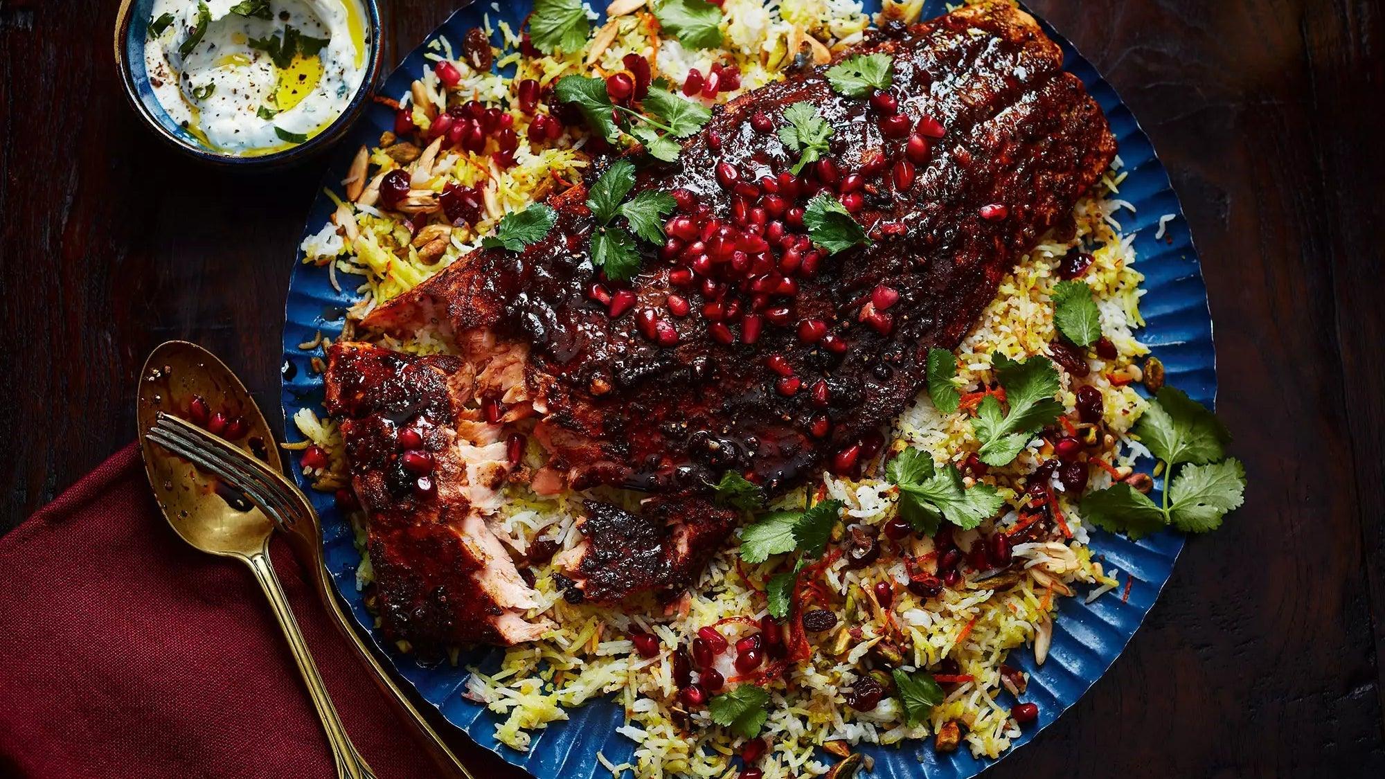 Delicious Date & Pomegranate Salmon with Jewelled Rice Recipe - LemonSalt