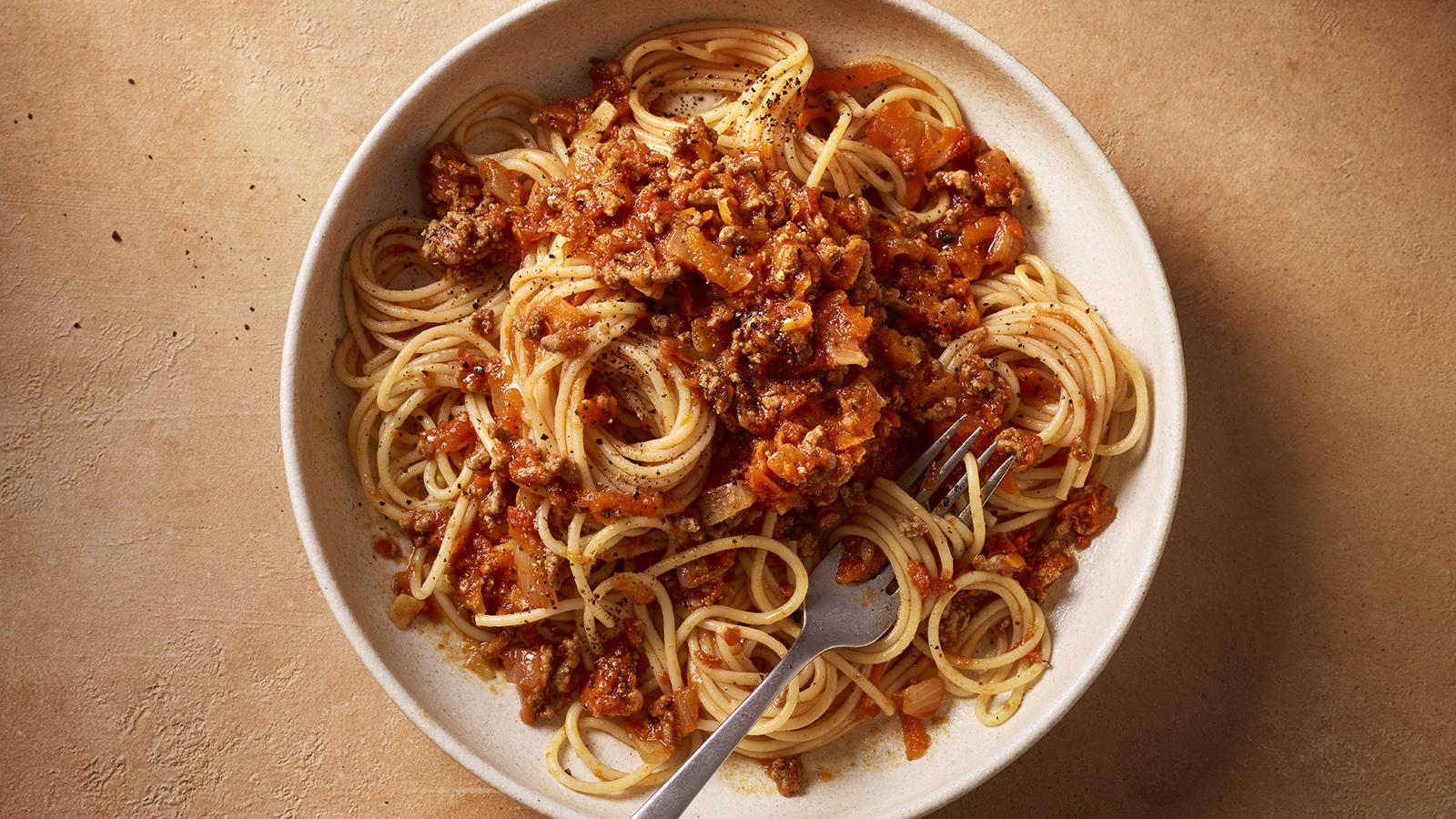 Bowl of easy spaghetti bolognese
