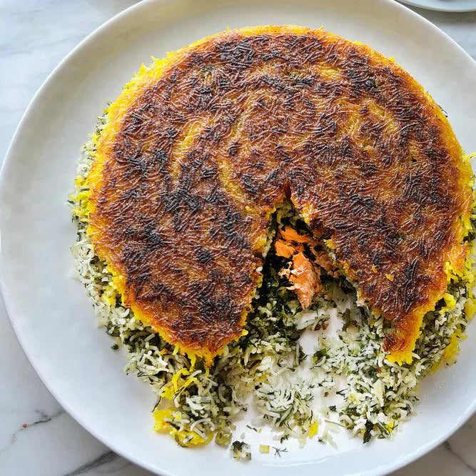 Herby tahdig with trout and preserved lemon yoghurt - LemonSalt