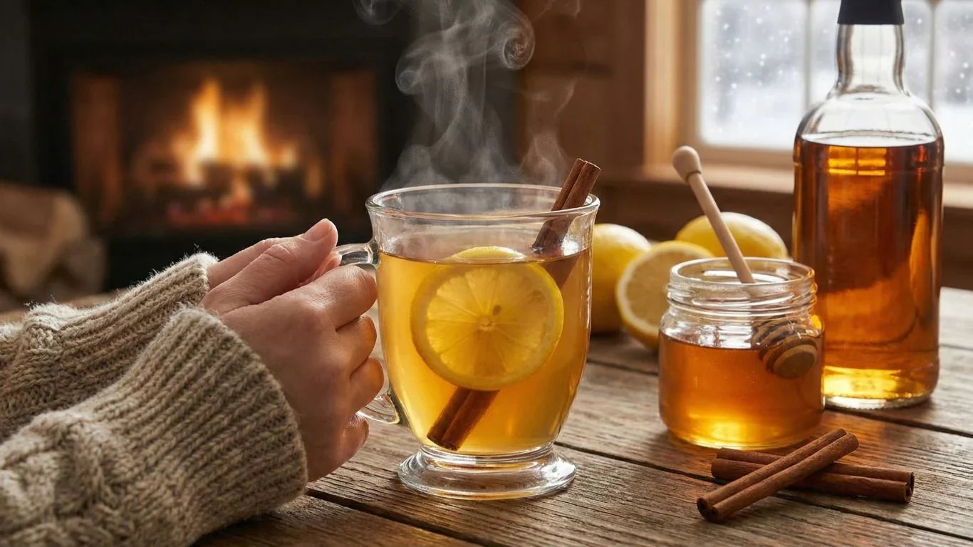 Hot toddy with lemon, cinnamon, honey, and whiskey on a rustic table by a fireplace