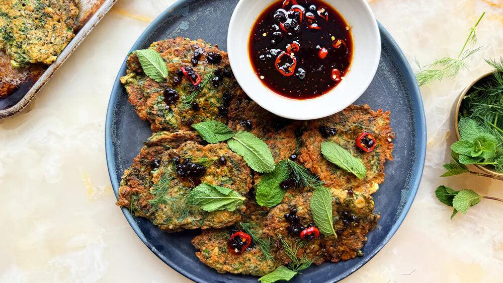 Ottolenghi's Iranian Herb Fritters with Barberry Dipping Sauce - LemonSalt