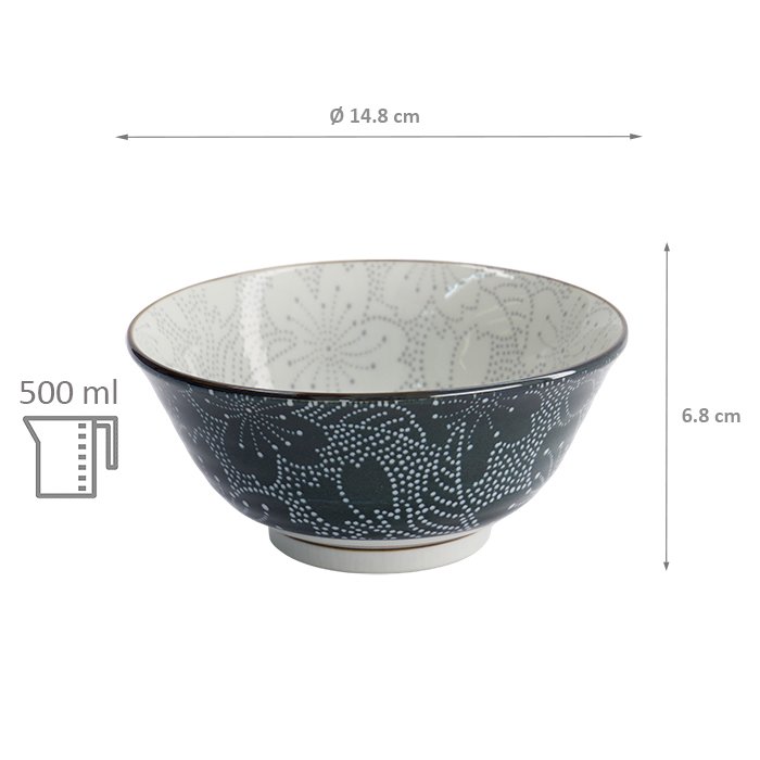 Patterned ceramic bowl, 14.8 cm diameter, 6.8 cm height, 500ml capacity, white and dark blue design