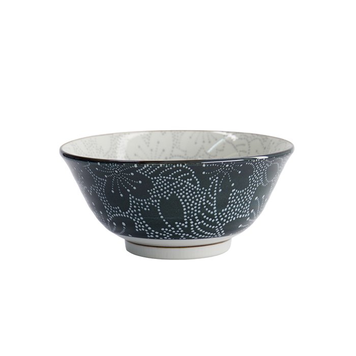 Ceramic bowl with dark blue and white floral dotted pattern, decorative tableware