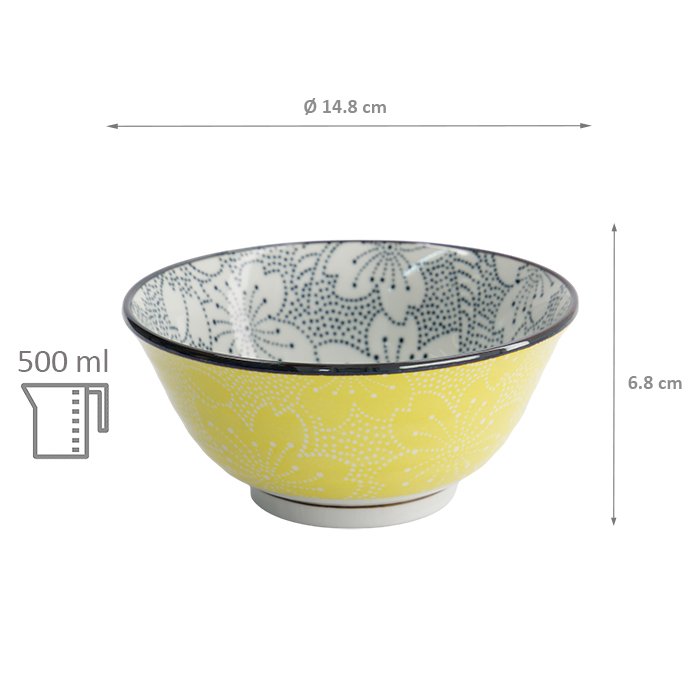 Yellow patterned ceramic bowl, 14.8 cm wide, 6.8 cm tall, 500 ml capacity, floral design