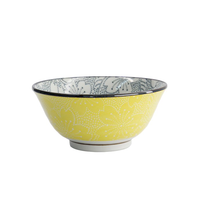 Yellow ceramic bowl with floral pattern, decorative kitchenware, white interior design