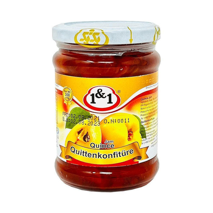 Jar of 1&1 Quittenkonfitüre quince jam 350g with yellow label and quince fruit image