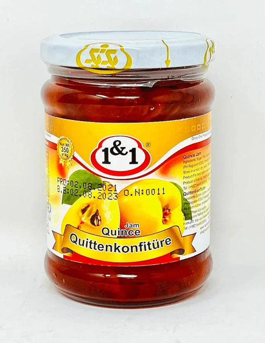 Glass jar of 1&1 Quince Jam 350g with yellow fruit label and German text on white background