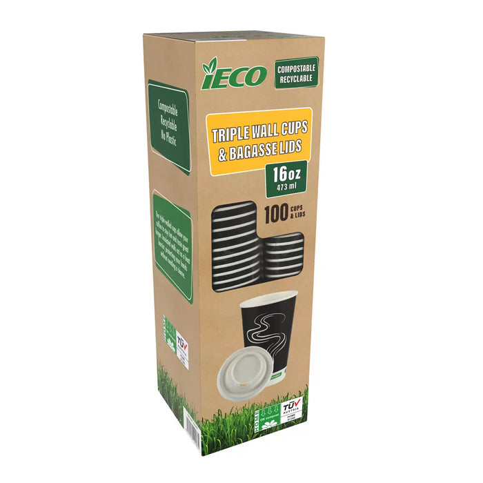 Ieco Recyclable Triple Wall Hot Cups & Lids - 16oz  (100 Pack)