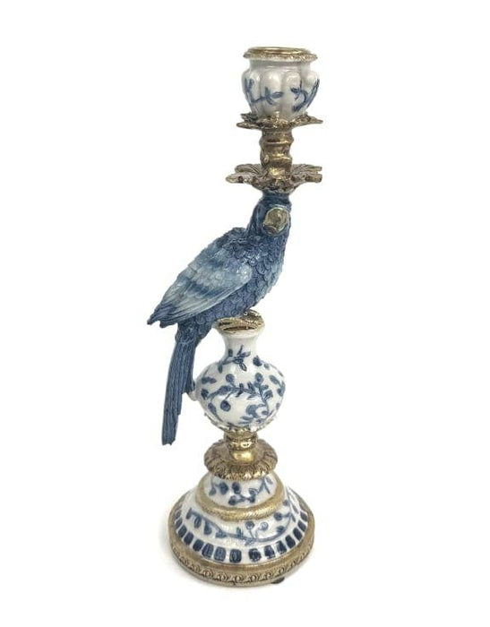 Antiqued Ornate Blue/White Parrot Candle Holder