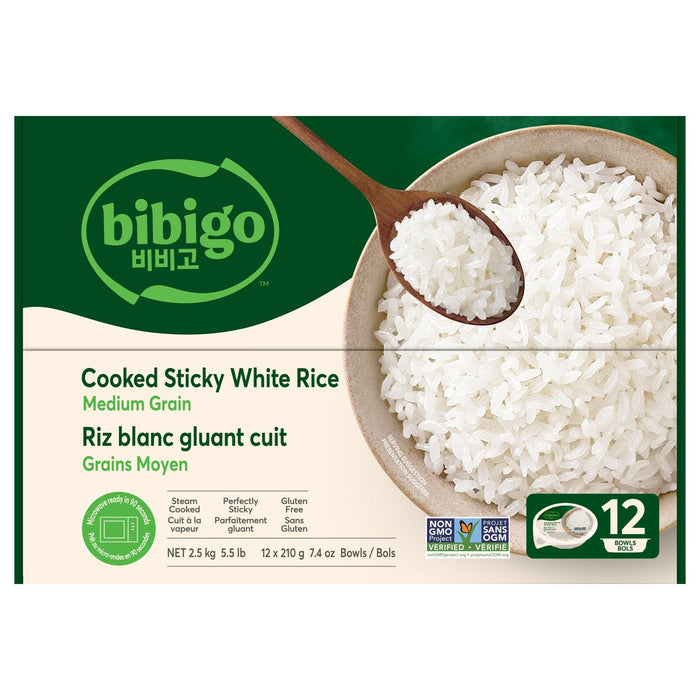 Bibigo Medium Grain Cooked Sticky White Rice (12x210g)