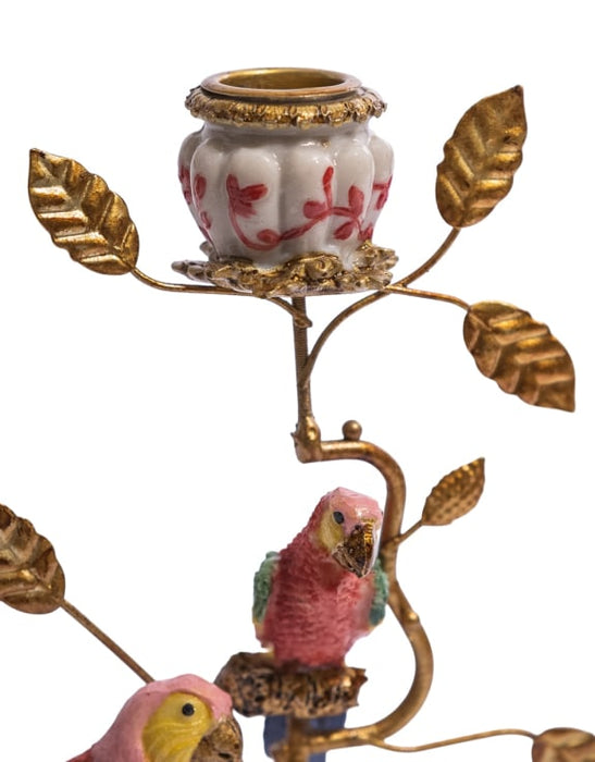 Antiqued Ornate Branch Red/Gold Parrot Candle Holder