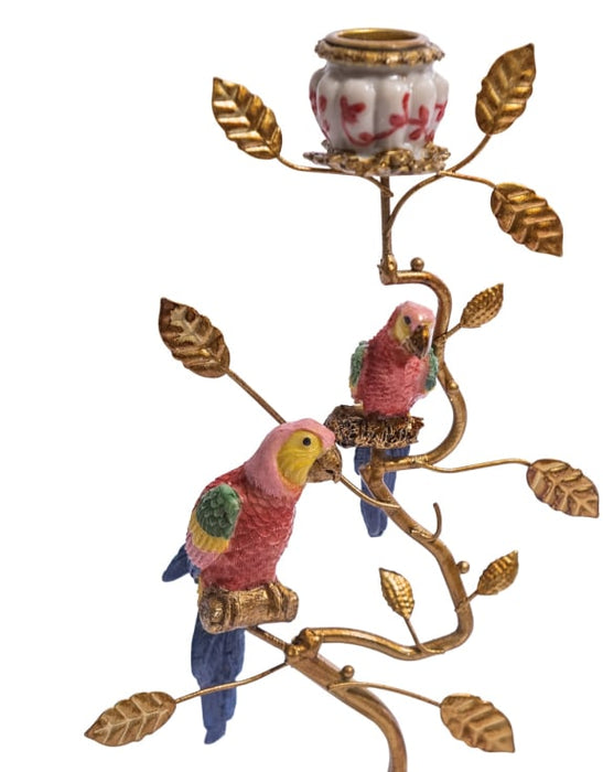 Antiqued Ornate Branch Red/Gold Parrot Candle Holder