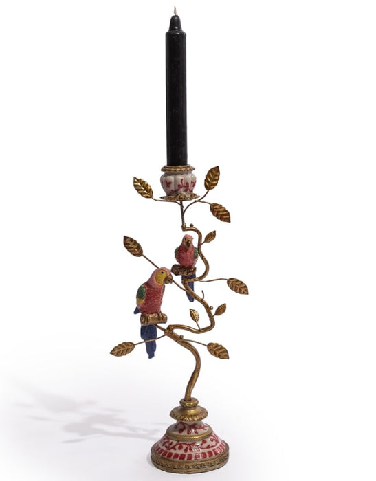 Antiqued Ornate Branch Red/Gold Parrot Candle Holder