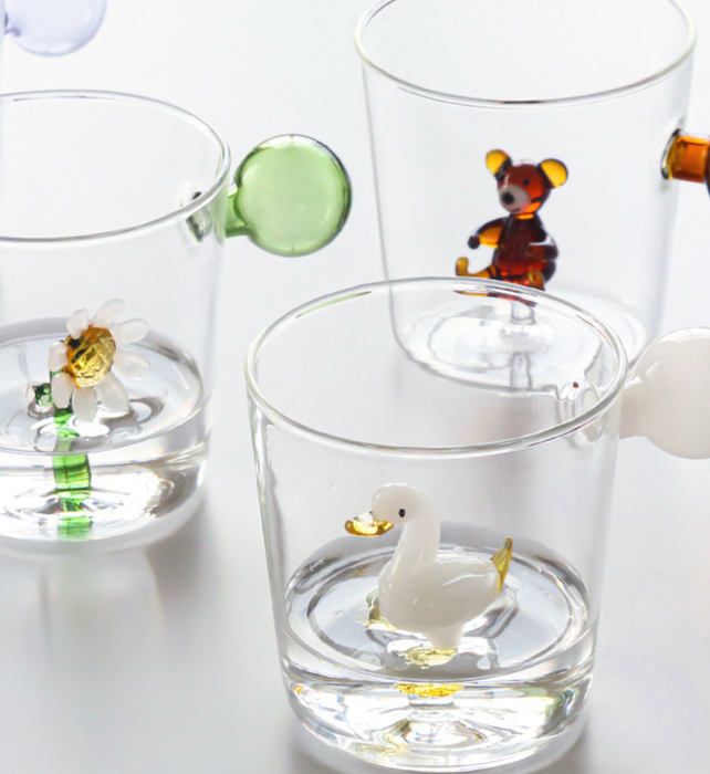 3D Cartoon Glass Cup with Color Ball Handle - Bear