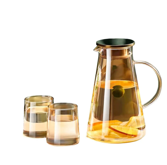 Transparent Heat-Resistant Water Jug | Water Kettle with Cup: Amber Set (1 Kettle + 2 Cups)