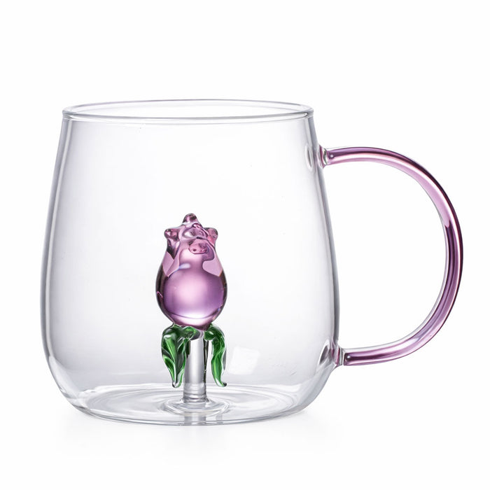 Animal Shape Glass Cup - Cute 3D Handle Mug (Rose)