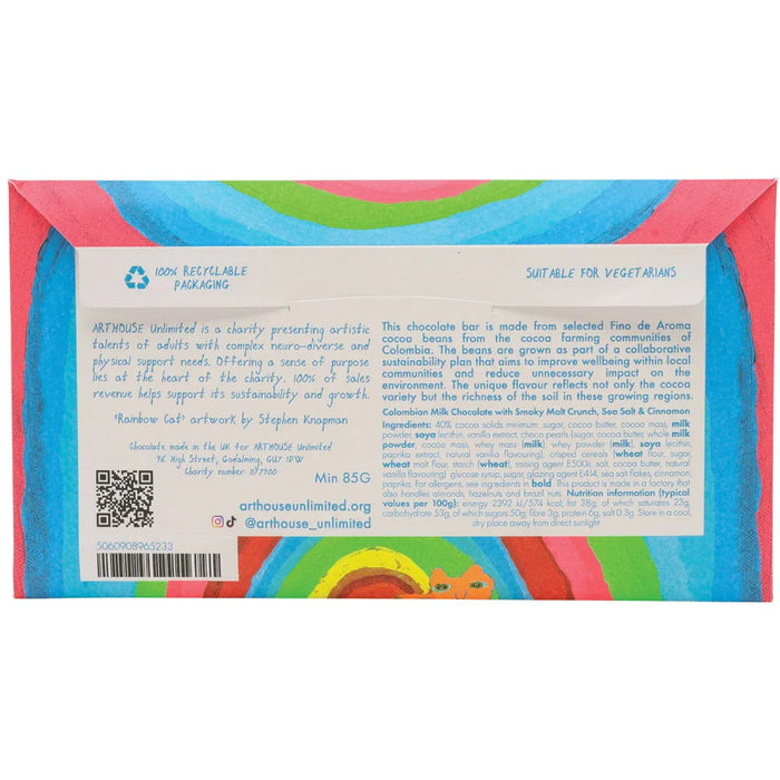 Arthouse Unlimited Milk Chocolate Bar with Smoky Malt Crunch, Sea Salt & Cinnamon - Rainbow Cat (85g)