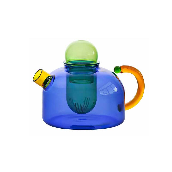 Contrasting Colored Glass Teapot - Blue with Green Strainer