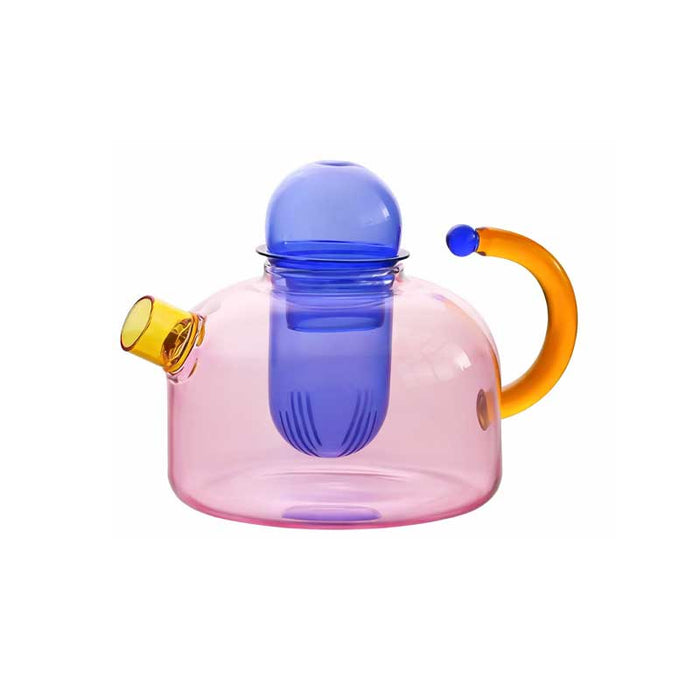 Contrasting Colored Glass Teapot - Pink with Blue Strainer