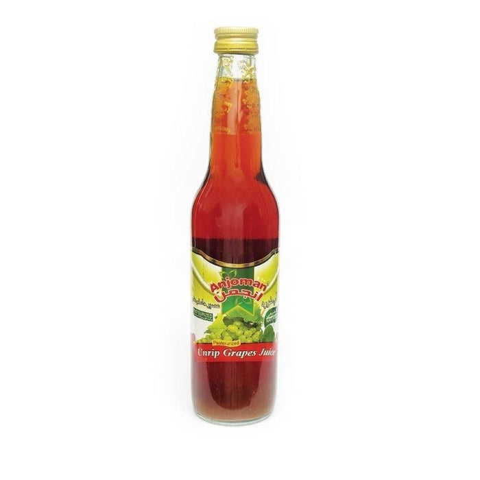 Bottle of Anjoman unripe sour grape juice with yellow cap and green grape label, 420ml