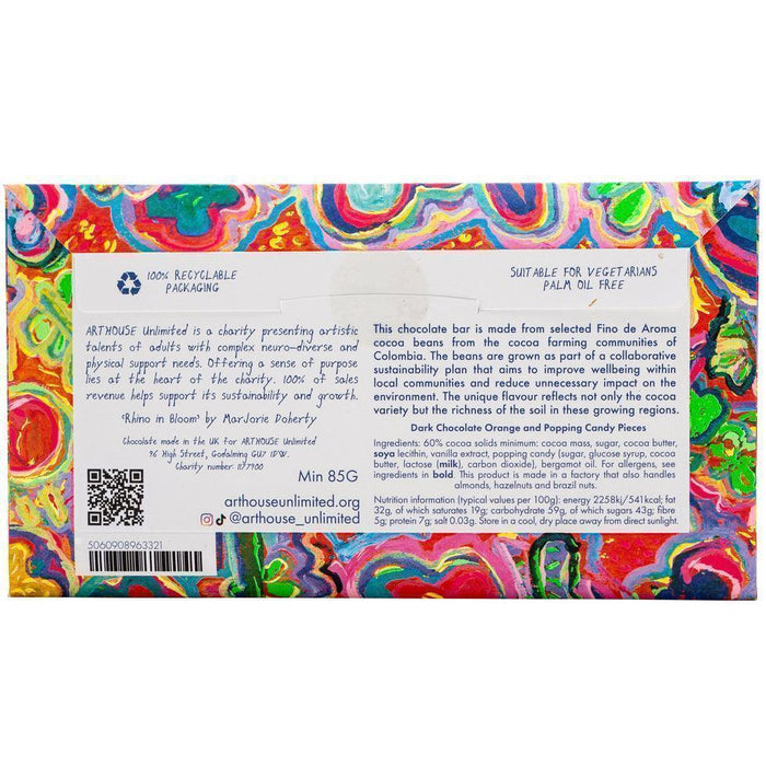Arthouse Unlimited Dark Chocolate Bar with Orange & Popping Candy pieces - Rhino in Bloom (85g) - LemonSalt