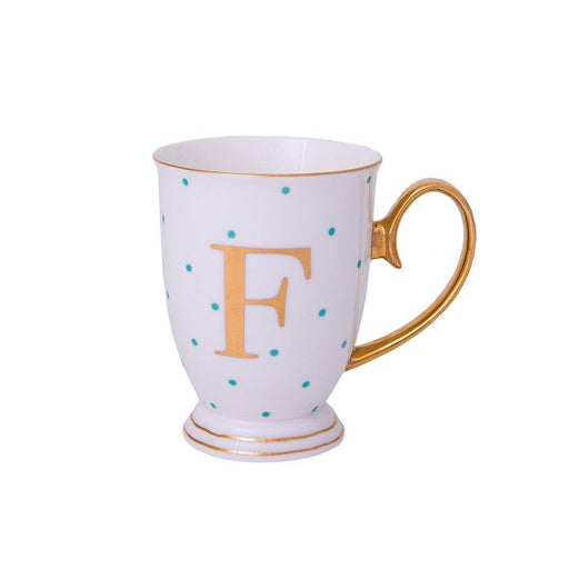 Bombay Duck Alphabet Spotty Metallic Mug Letter F Gold with Aqua Spots - LemonSalt