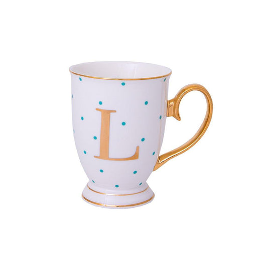 Bombay Duck Alphabet Spotty Metallic Mug Letter L Gold with Aqua Spots - LemonSalt