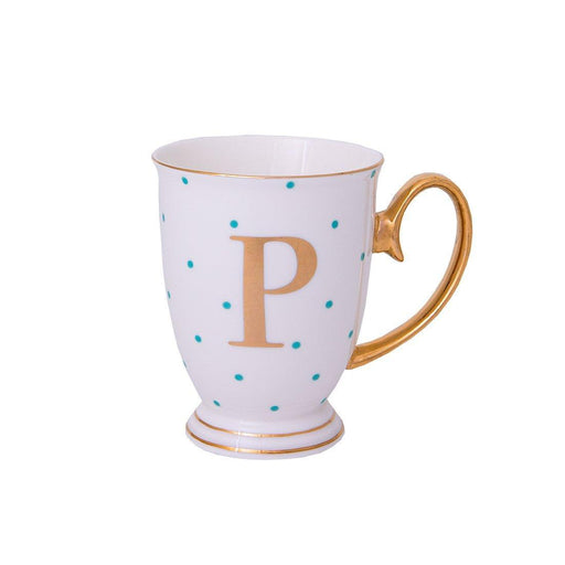 Bombay Duck Alphabet Spotty Metallic Mug Letter P Gold with Aqua Spots - LemonSalt