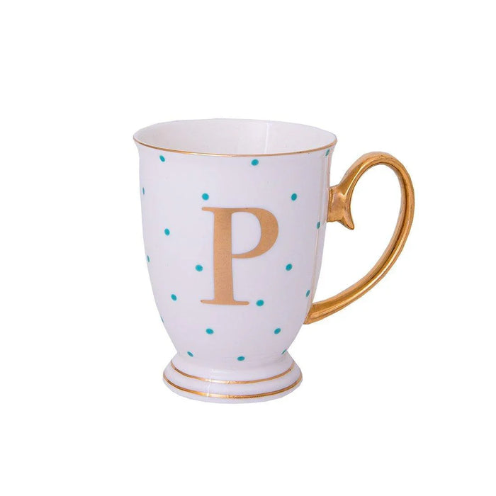 Bombay Duck Alphabet Spotty Metallic Mug Letter P Gold with Aqua Spots - LemonSalt