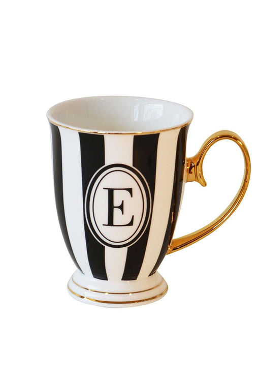 Bombay Duck Alphabet Stripy Mug Letter E Black/White with Gold handle | {{ collection.title }}