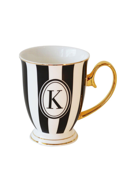 Bombay Duck Alphabet Stripy Mug Letter K Black/White with Gold handle | {{ collection.title }}