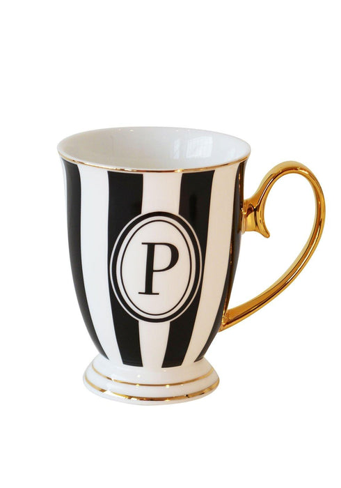 Bombay Duck Alphabet Stripy Mug Letter P Black/White with Gold handle | {{ collection.title }}