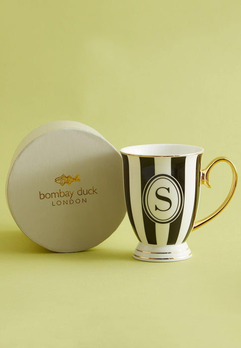 Bombay Duck Alphabet Stripy Mug Letter S Black/White with Gold handle - LemonSalt