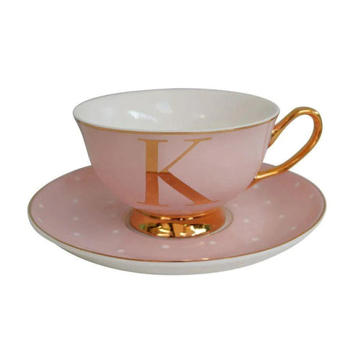 Bombay Duck Bloomsbury Spotty Teacup & Saucer Gold Letter - K - LemonSalt