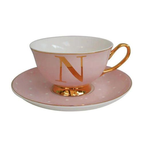 Bombay Duck Bloomsbury Spotty Teacup & Saucer Gold Letter - N - LemonSalt