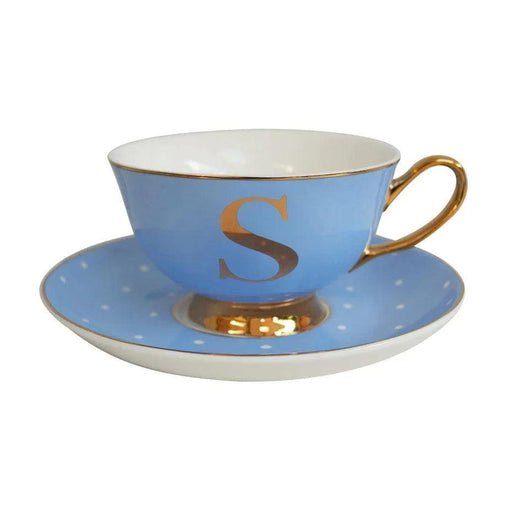 Bombay Duck Bloomsbury Spotty Teacup & Saucer Gold Letter - S - LemonSalt