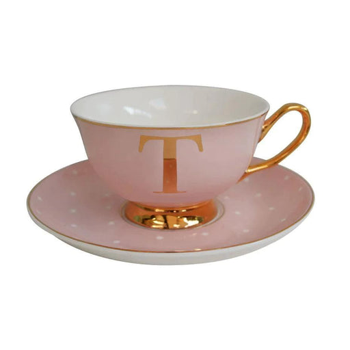 Bombay Duck Bloomsbury Spotty Teacup & Saucer Gold Letter - T - LemonSalt