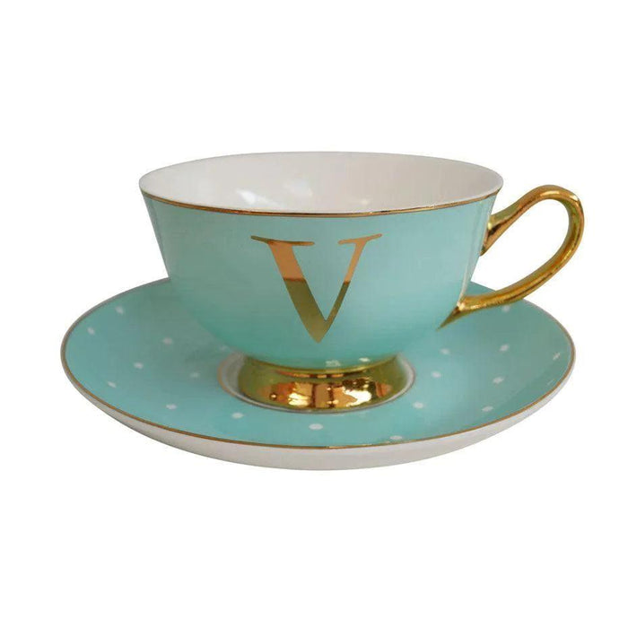 Bombay Duck Bloomsbury Spotty Teacup & Saucer Gold Letter - V - LemonSalt