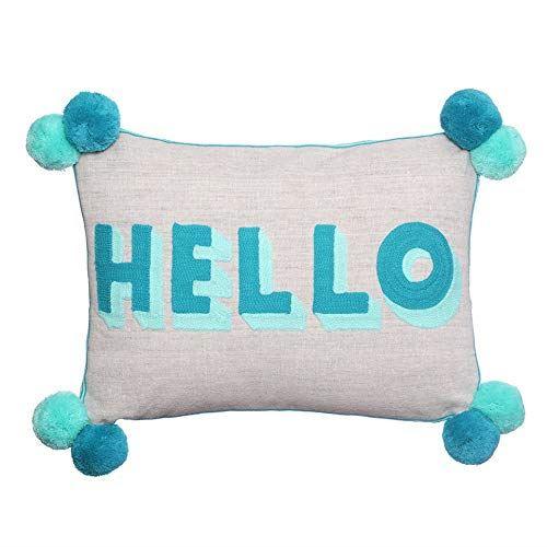 Bombay Duck HELLO Embroidered Cushion on Linen Turquoise/Teal (35×50cm) - LemonSalt