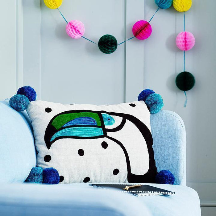 Bombay Duck Rectangle Embroidered Cushion with Pom Poms - Toucan - LemonSalt