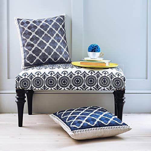 Bombay Duck Safi Embroidered Upholstered Bench Navy on Linen (80 x 40) - LemonSalt
