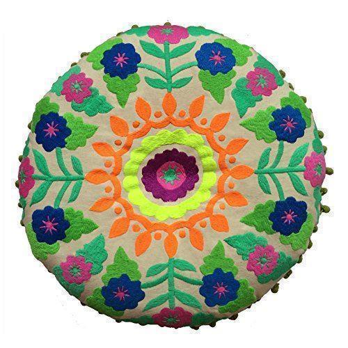 Bombay Duck Tibet Embroidered Cushion Round - Greens (40cm) - LemonSalt