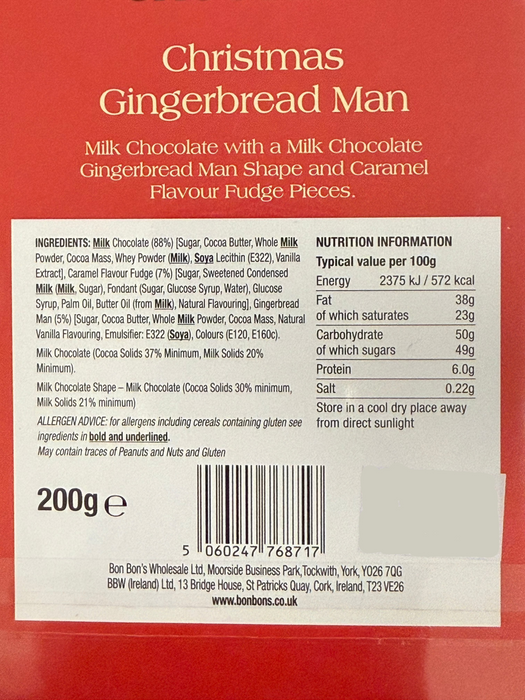 Bon Bon's Christmas Gingerbread Man Milk Chocolate Slab (200g) - LemonSalt